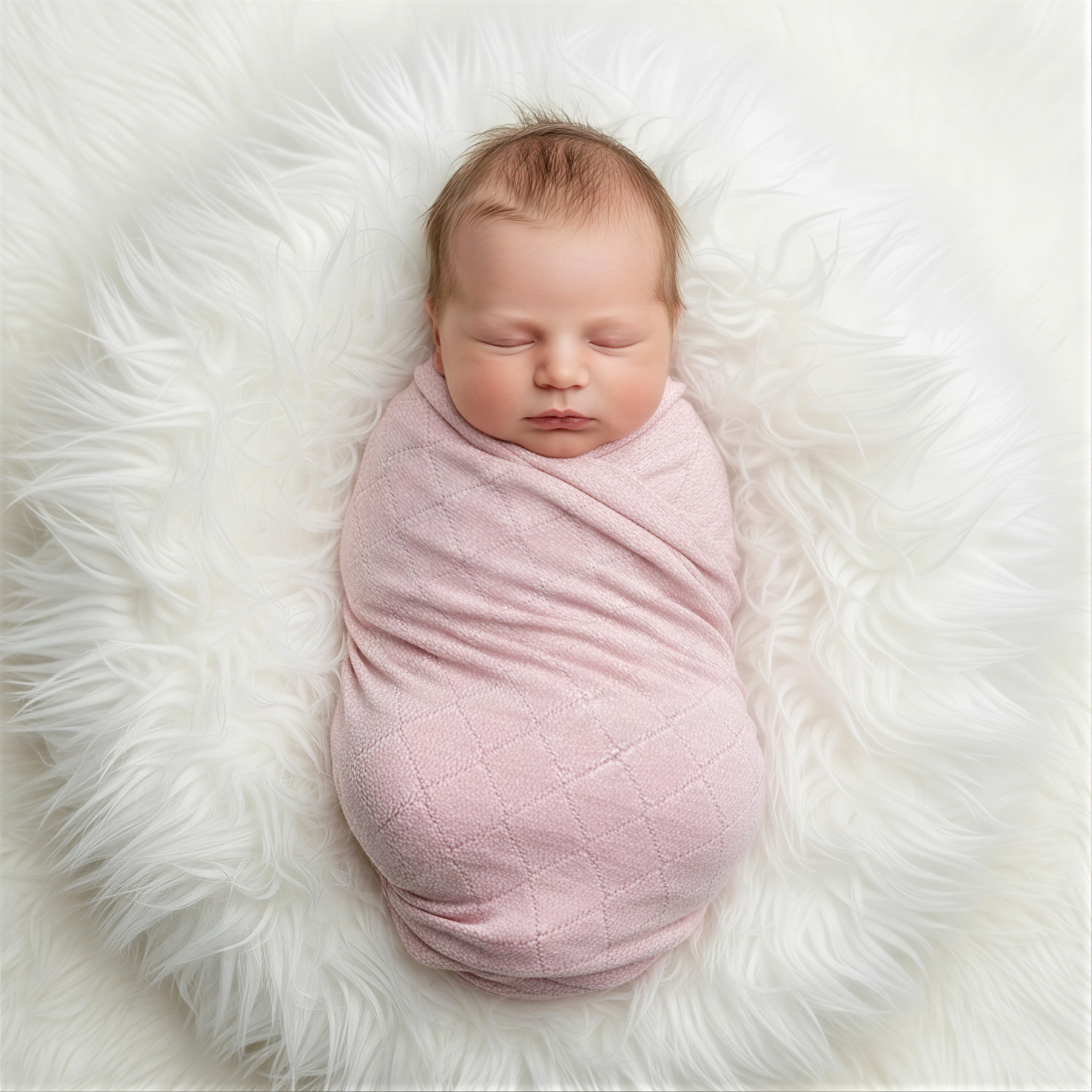 A newborn baby swaddled in a pink blanket is peacefully sleeping on a white fluffy surface.