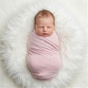 A newborn baby swaddled in a pink blanket is peacefully sleeping on a white fluffy surface.