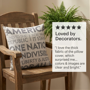 a wooden chair with a pillow on it, and there is a plant in the background. The pillow has the word "AMERICA" printed on it, and there is a review rating for the pillow from "Decorators."