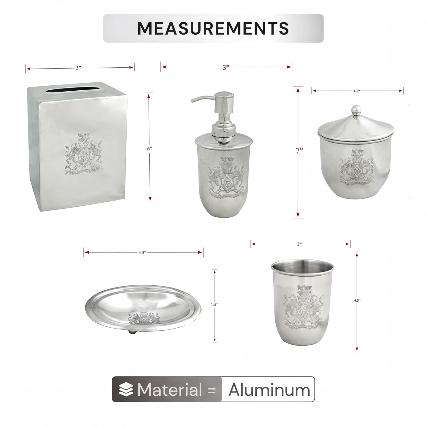 Elegant modern bathroom décor accessories set of 5 by Durkee Collection, includes matching soap dispenser, tray, and accessories.