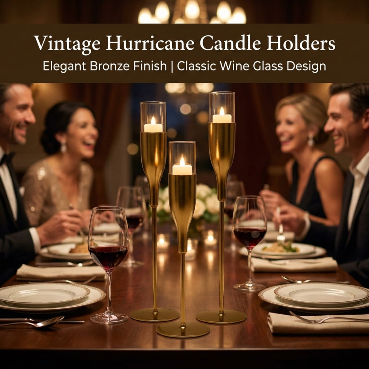 Gold Candle Holder - Wine Glass Flute Set of 3 Elegant Indoor Decor