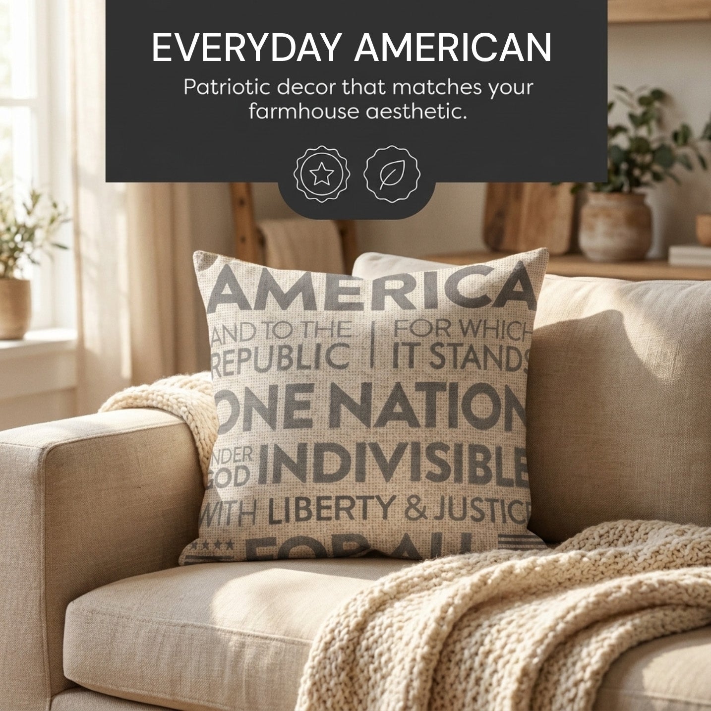 Patriotic Design Printed Throw Pillow Cover - 18 x 18 Inches