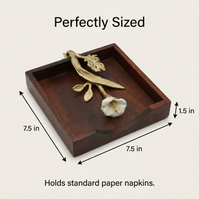 Wooden Napkin Holder – Solid Wood Serviette Holder with Gold Finish Ornament