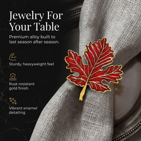 Golden Ember – Napkin Rings in Gold Red Maple Leaf Design, Luxurious Decorative Dining Table Décor