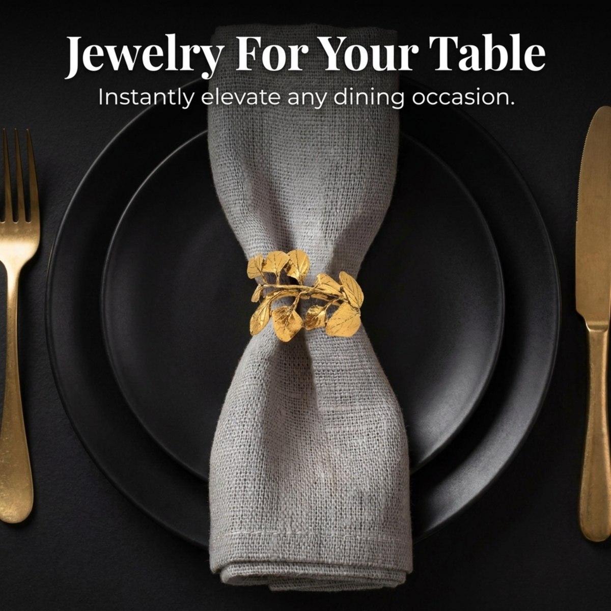 Two gold leaf design YGC-006 napkin rings from Golden Harmony, elegant decorative dining table accessories in gold finish.