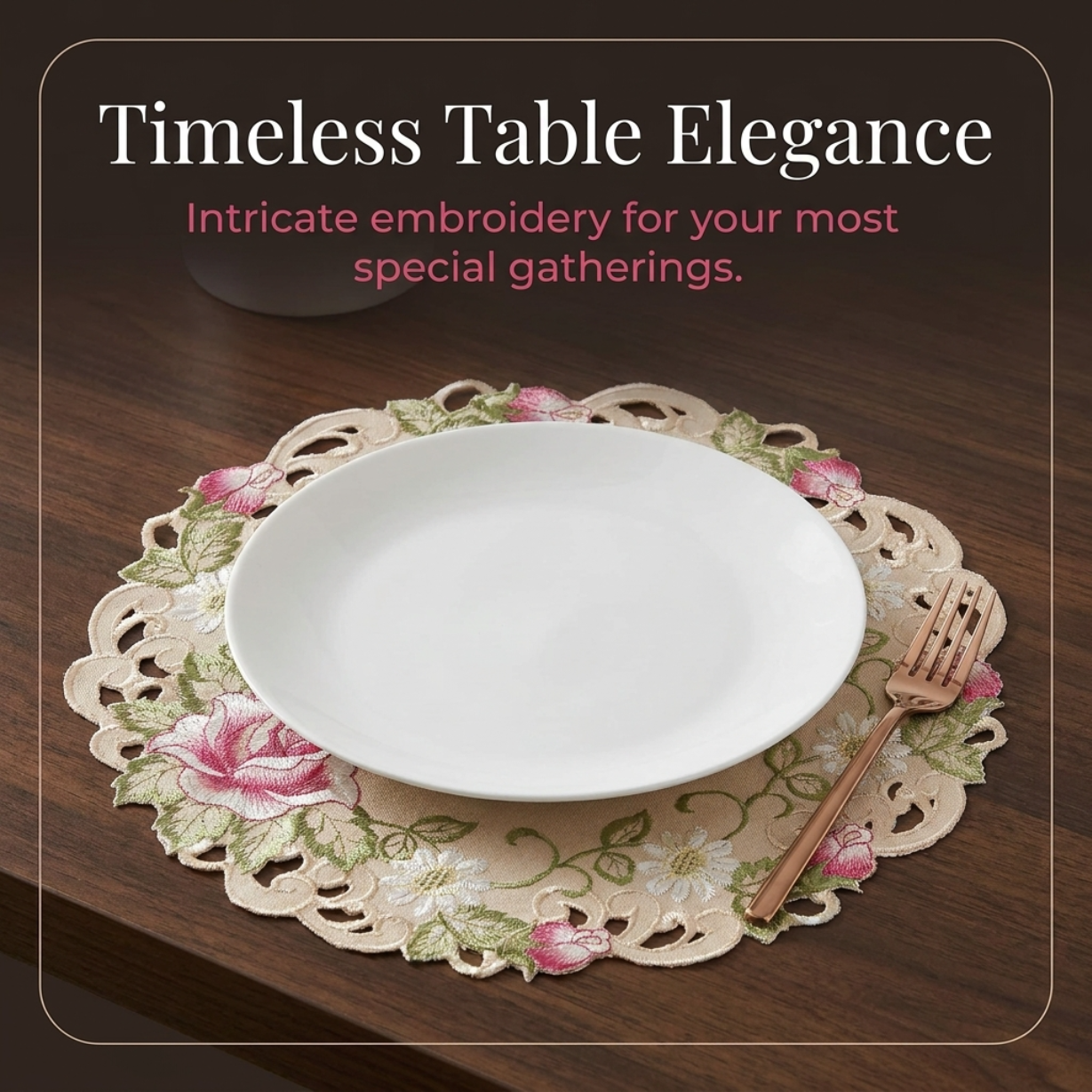 Beige Docia Sand table doilies from RIZ3127-DL Docia Collection, 15-inch decorative lace doilies for elegant table decor
