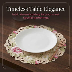 Beige Docia Sand table doilies from RIZ3127-DL Docia Collection, 15-inch decorative lace doilies for elegant table decor