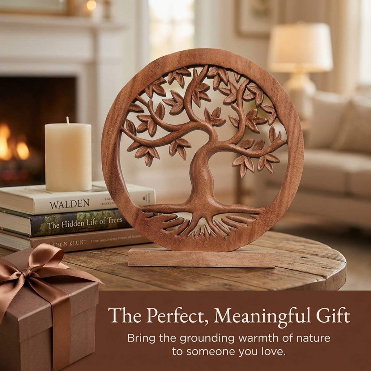 Oak Serenity – Hand Carved Tree of Life Wooden Sculpture(Large), Handmade Farmhouse Décor, Gift for Mom