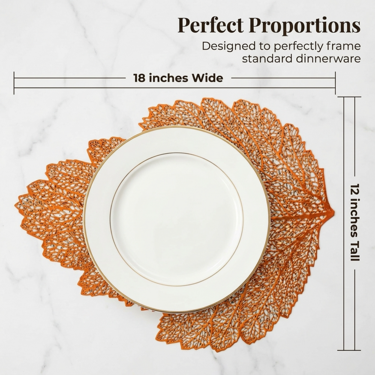 Set of 6 leaf-shaped cut out vinyl placemats in rose gold, stylish and durable for dining table decor.