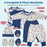 The image is a collage of various baby clothing items, including a complete 8-piece wardrobe for a baby, including a hat, mittens, booties, and pants.