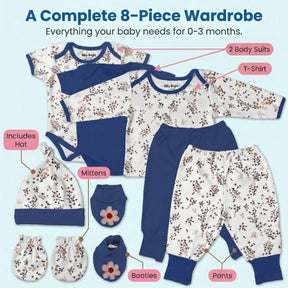 The image is a collage of various baby clothing items, including a complete 8-piece wardrobe for a baby, including a hat, mittens, booties, and pants.