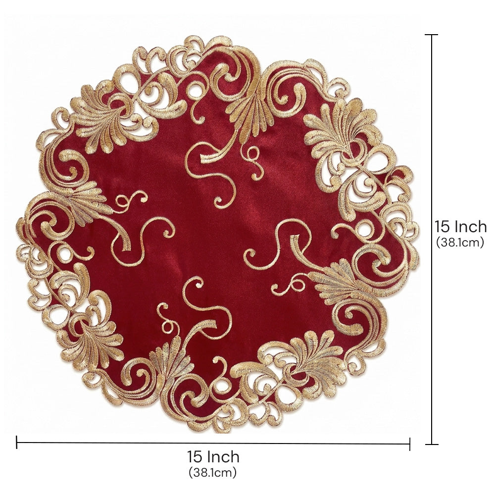 Burgundy gold table doilies from RIZ-009-DL Chantelle Collection, 15-inch decorative lace doilies for elegant table décor.