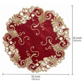 Burgundy gold table doilies from RIZ-009-DL Chantelle Collection, 15-inch decorative lace doilies for elegant table décor.