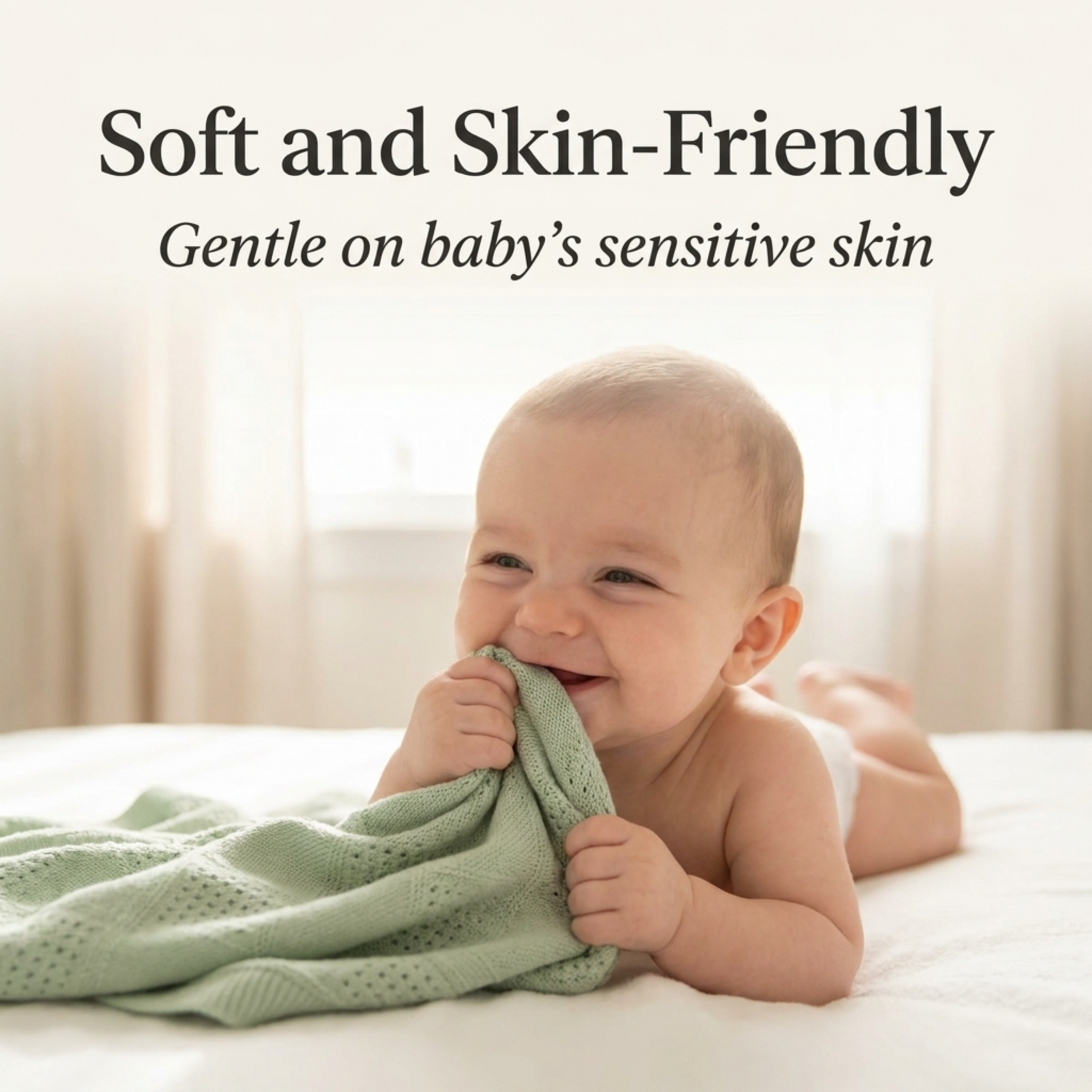 A smiling baby lying on a bed, holding a green blanket in their hands.