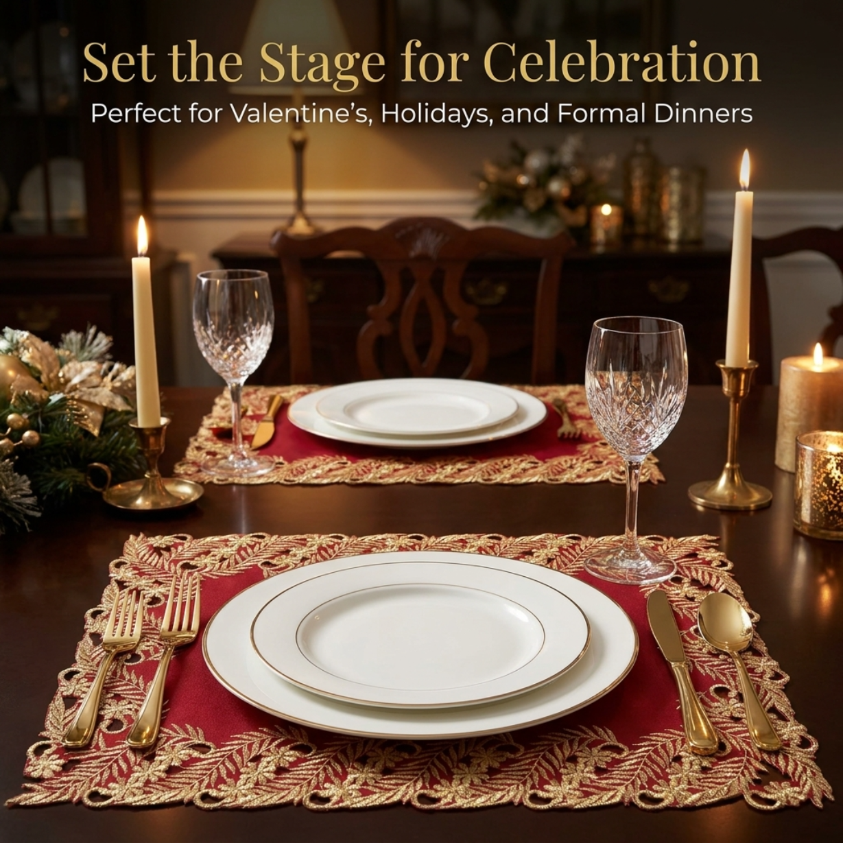 Wine Grace – Burgundy Gold Table Placemats, Anyce Collection Modern Dining Décor 12*18 inch