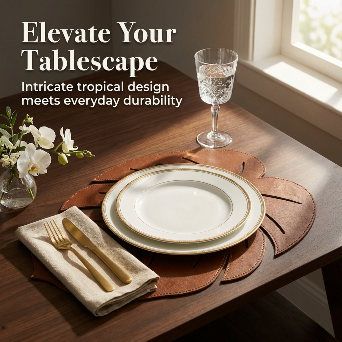 Set of six Monstera leaf cut out leather placemats by ACM1206-BRN, featuring tropical leaf designs on durable leather surfaces.