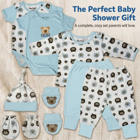 A collection of baby clothing and accessories, including onesies, pajamas, hats, and booties, arranged on a white background.