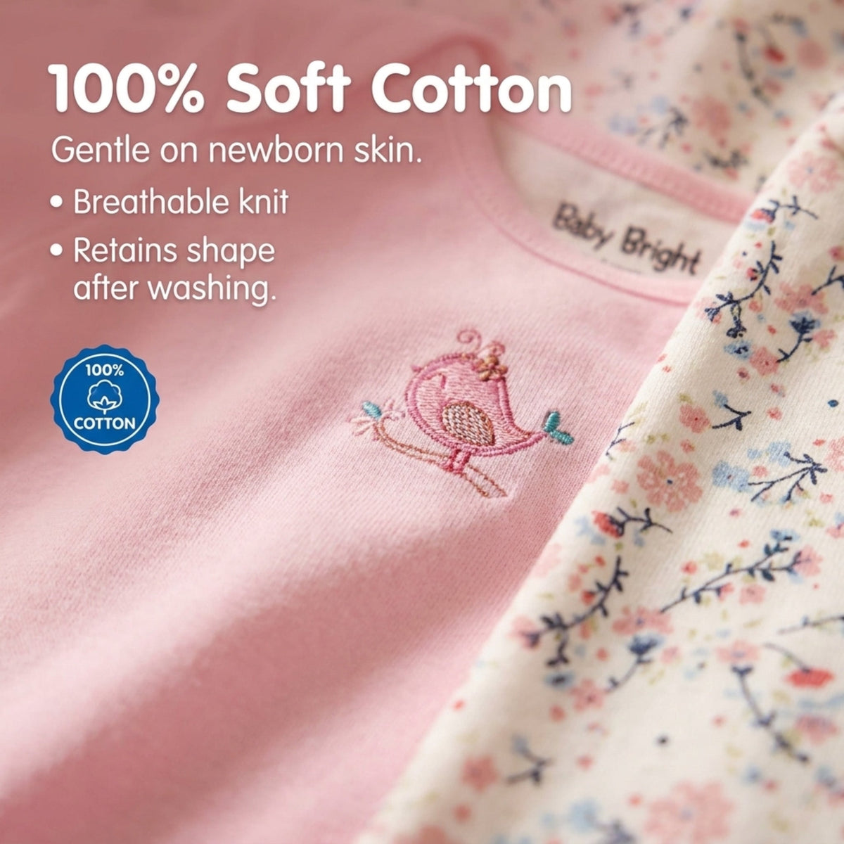 a close-up of a soft cotton fabric, with a pink floral print on the right side. The text on the fabric indicates that it is 100% cotton, which is gentle on newborn skin, breathable, and retains its shape after washing.