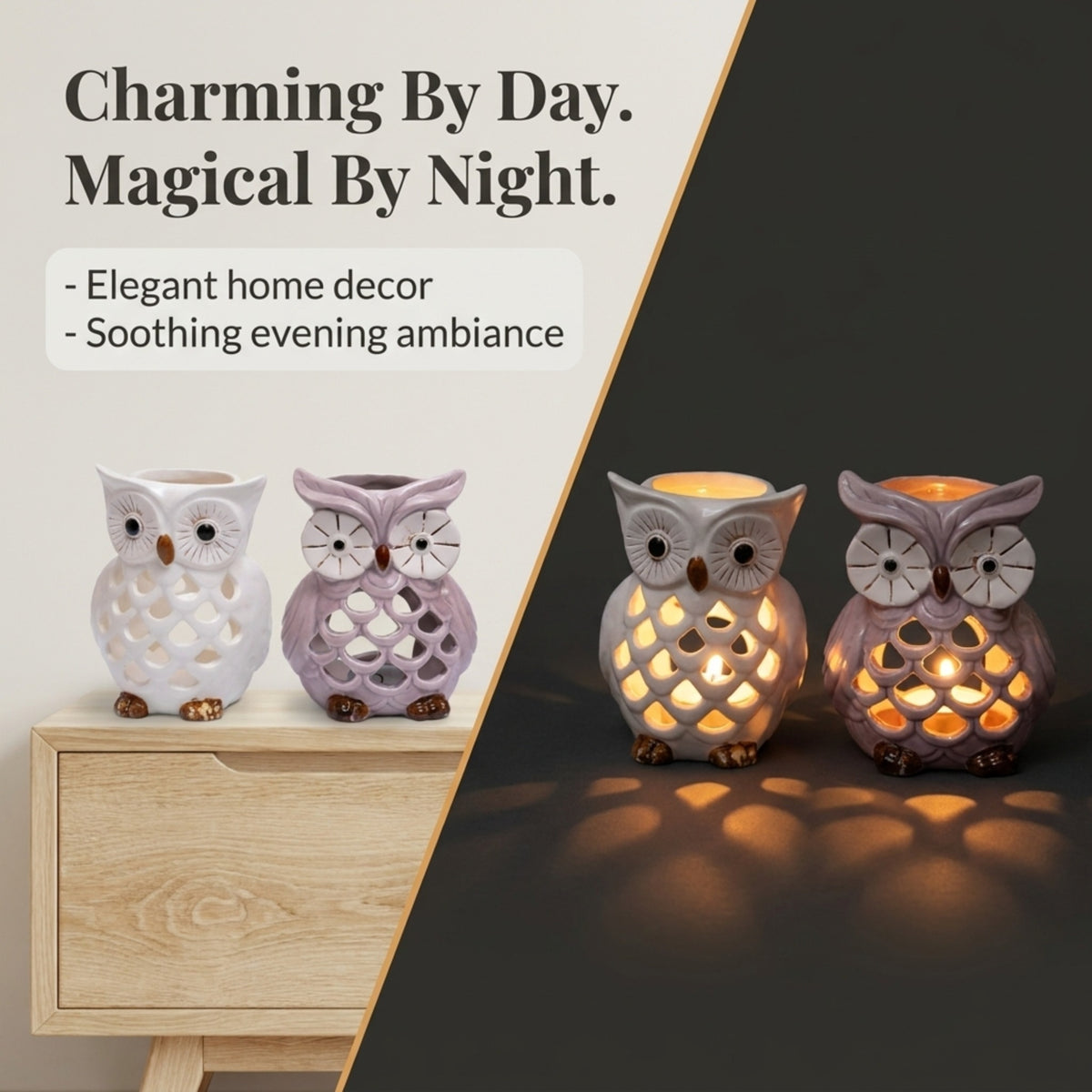 Set of two Hampton Lucky Owl candle holders with tea lights, featuring detailed owl designs in a dark metal finish.