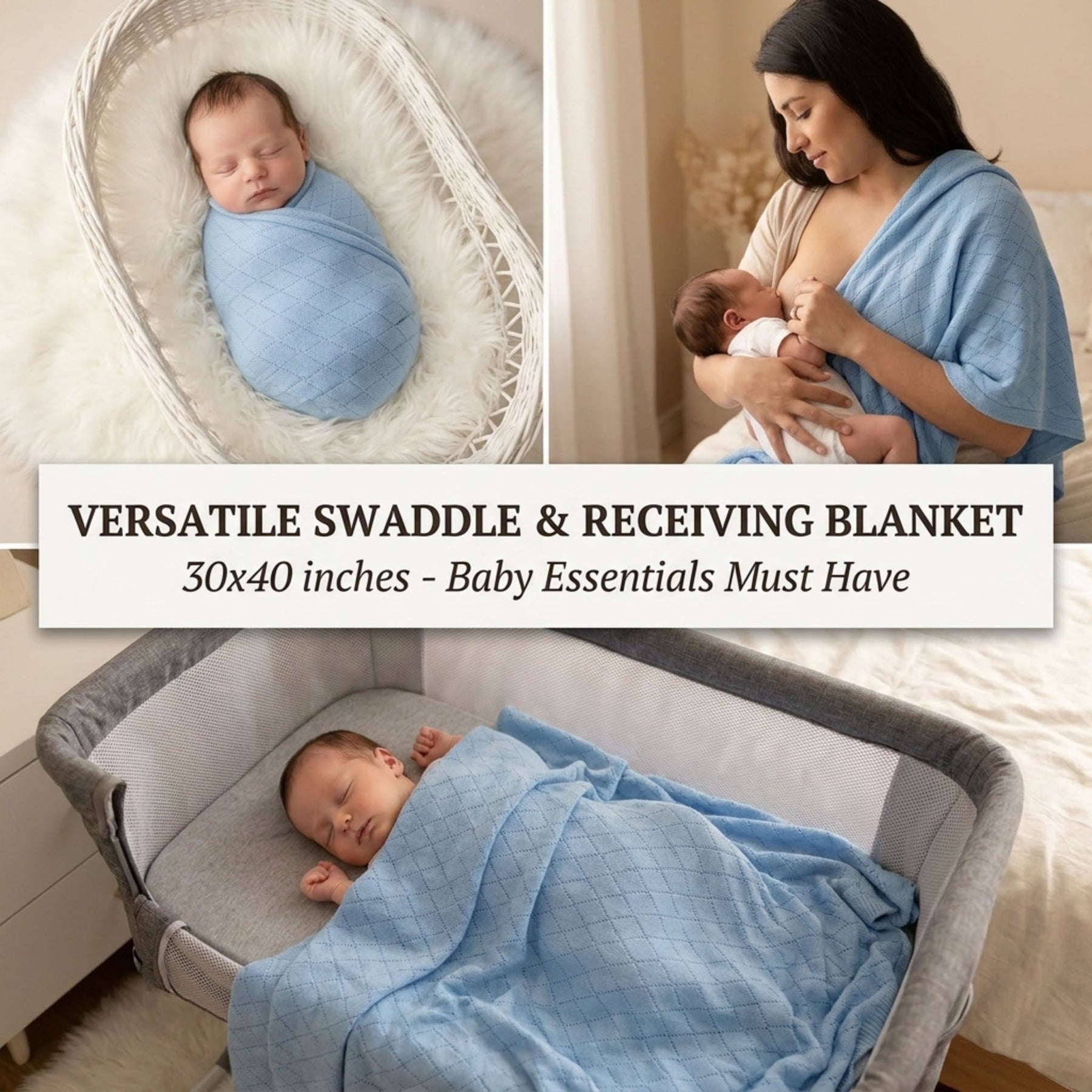 The image is a collage of three photos depicting a newborn baby swaddled in a blue blanket, a mother feeding her baby, and a baby sleeping in a swaddle.