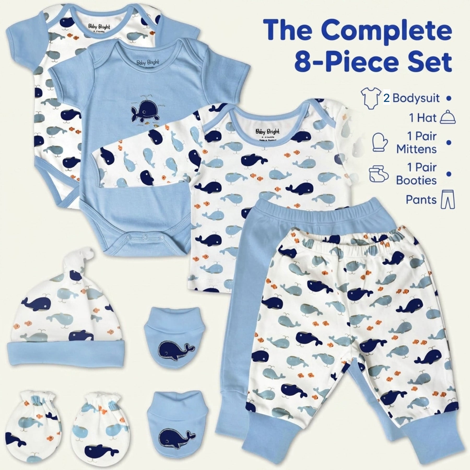 a complete set of baby clothing and accessories, including a blue bodysuit, hat, mittens, booties, and pants, all featuring a whale print pattern.