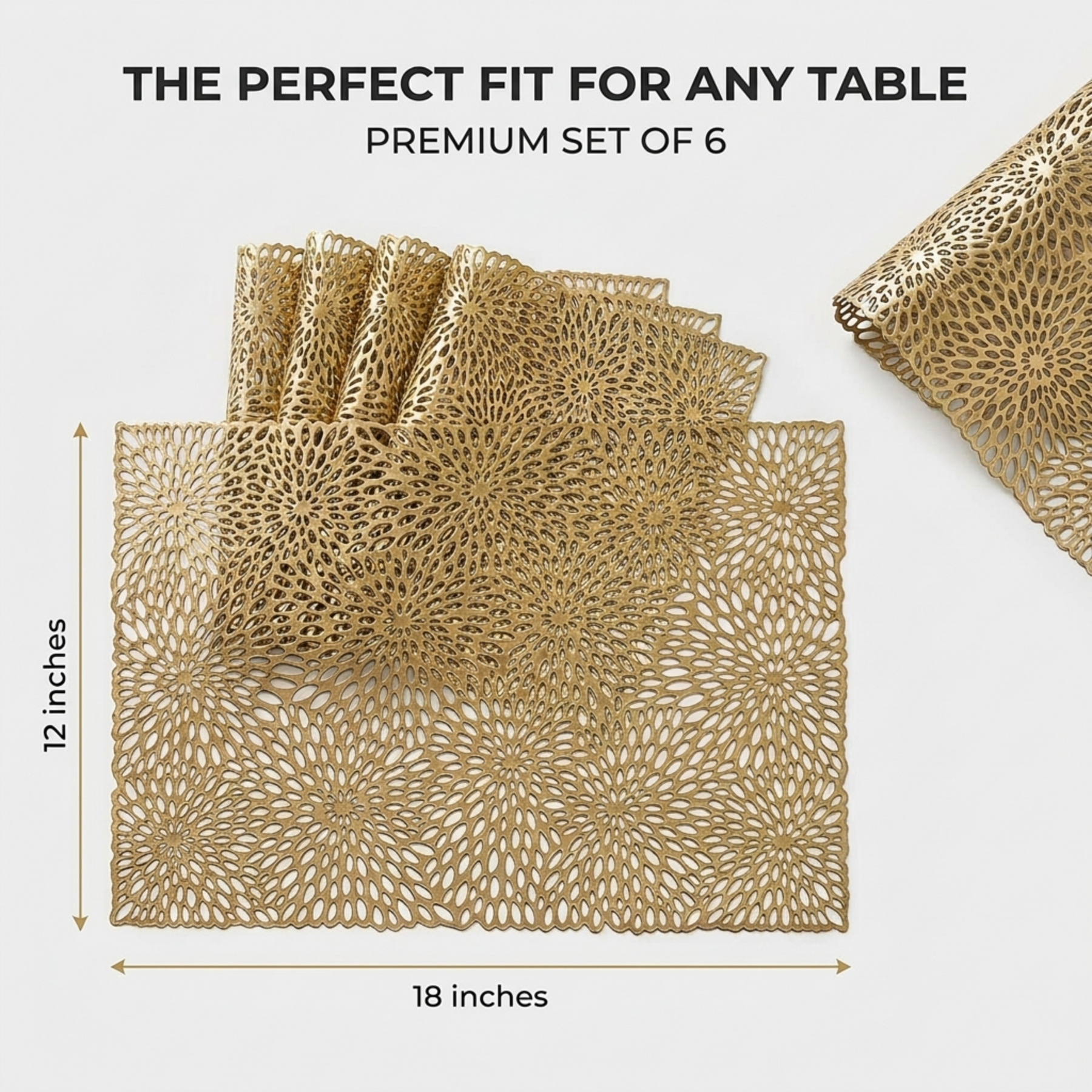 Set of 6 AMF032-GLD PVC cut out placemats with intricate patterns, ideal for protecting tables and enhancing dining decor.