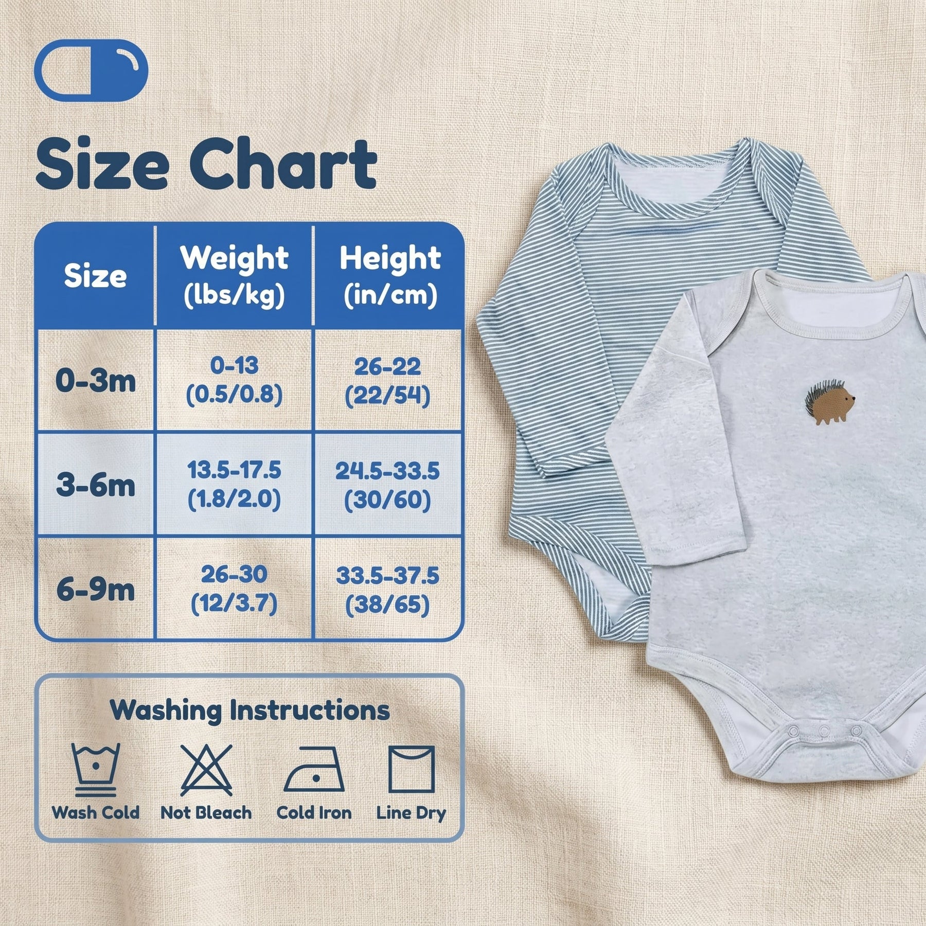 The image is a size chart for baby clothing, providing measurements and corresponding washing instructions for different age groups.