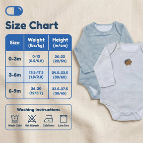 The image is a size chart for baby clothing, providing measurements and corresponding washing instructions for different age groups.