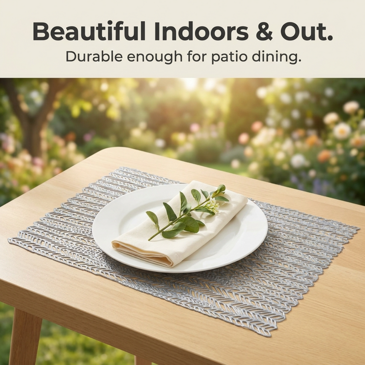 Set of six AMF032-SLV PVC cut out placemats with decorative designs, ideal for protecting tables during meals.
