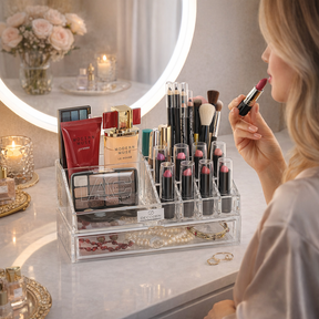 Clear F1267 makeup organizer with 19 slots and a drawer, perfect for storing cosmetics and beauty tools.