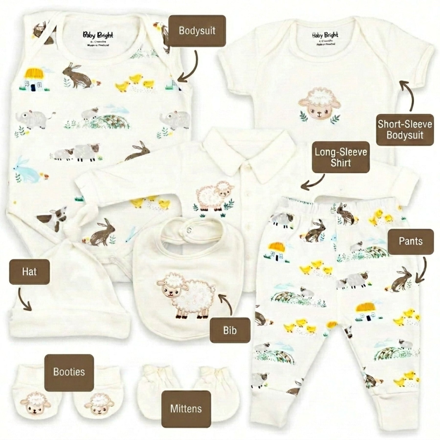 A collection of baby clothing and accessories, including a white onesie, a long-sleeve shirt, a short-sleeve shirt, a hat, a bib, mittens, and booties, all featuring a sheep and rabbit pattern.