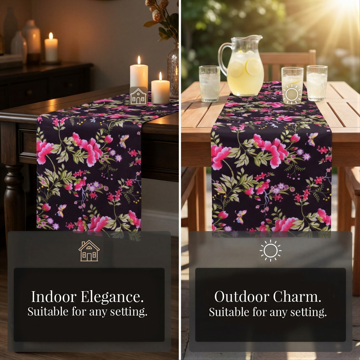 The image is a collage of two photos. The left photo shows a table with a floral table runner, candles, and a pitcher of lemonade, while the right photo shows a table with a similar floral table runner, pitcher of lemonade, and glasses.