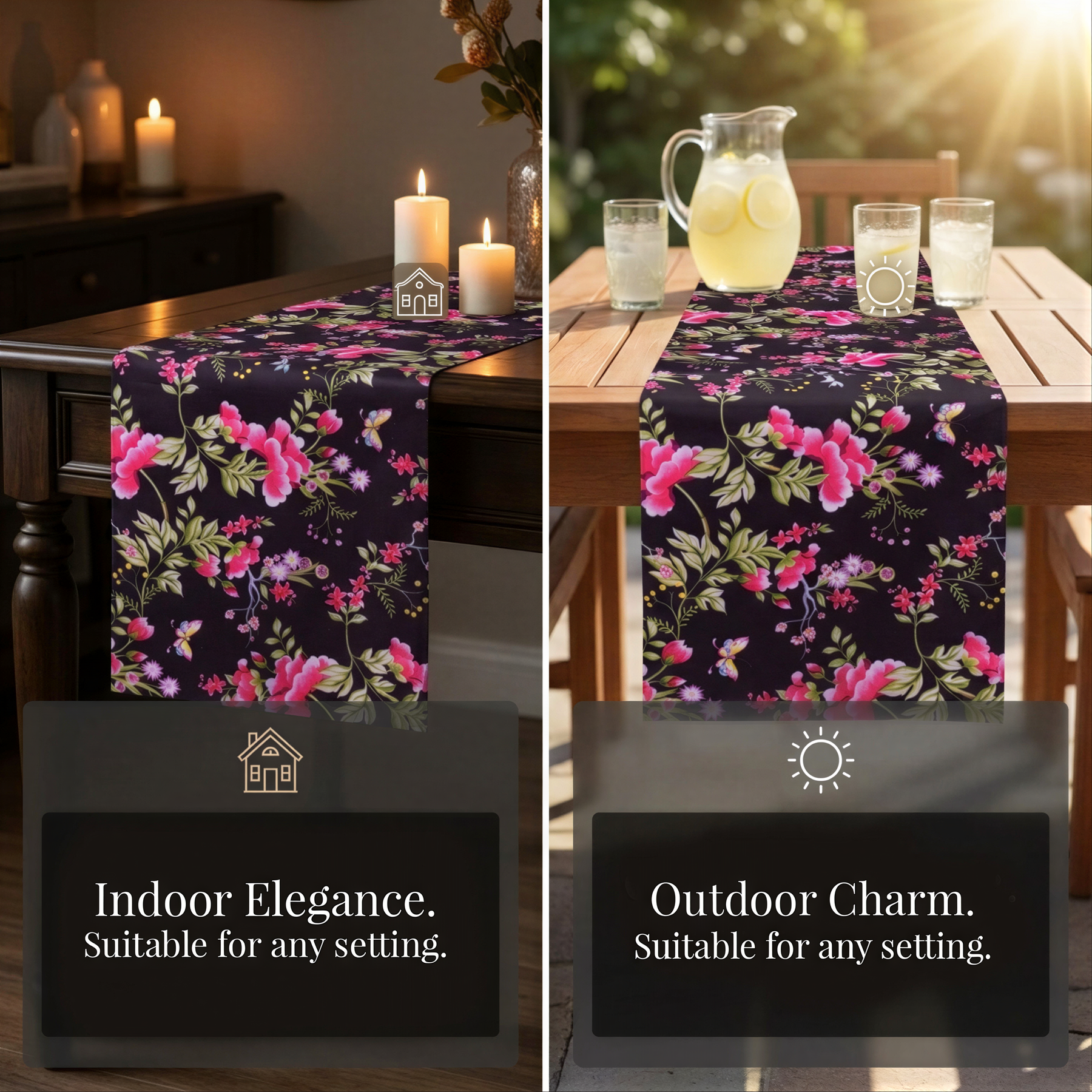 The image is a collage of two photos. The left photo shows a table with a floral table runner, candles, and a pitcher of lemonade, while the right photo shows a table with a similar floral table runner, pitcher of lemonade, and glasses.