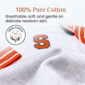 The image is a close-up of a white fabric with a 100% cotton label, showcasing the soft and breathable nature of the material.