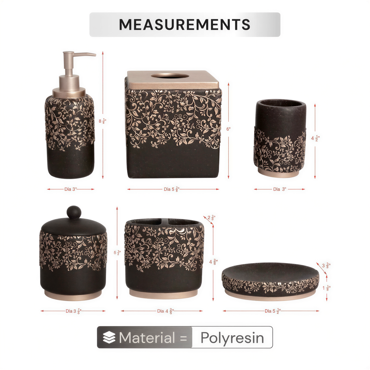 Six modern bathroom décor accessories from the Stella Collection by AH8312, including soap dispensers, trays, and holders.