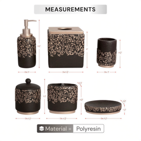 Six modern bathroom décor accessories from the Stella Collection by AH8312, including soap dispensers, trays, and holders.