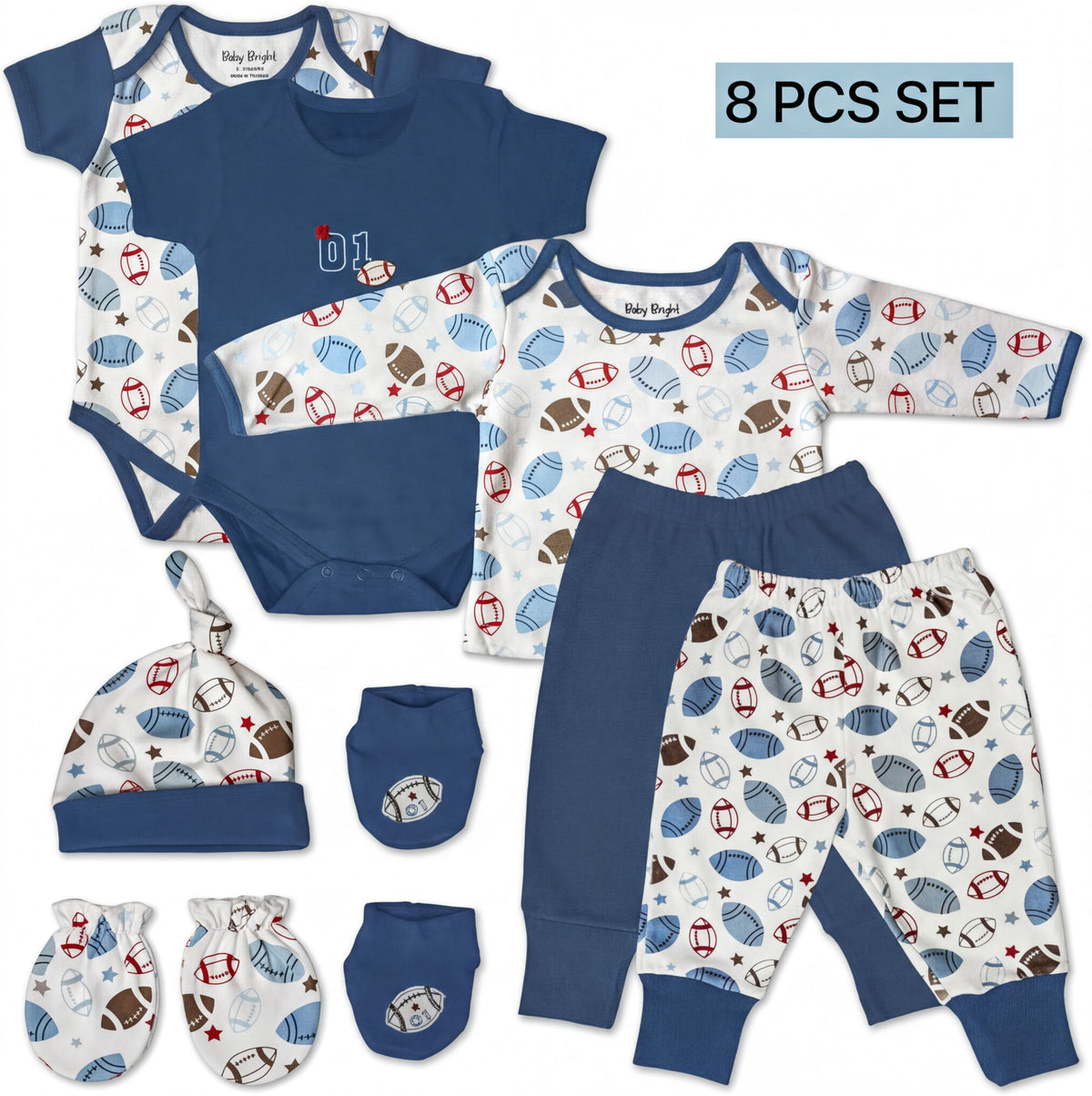 A set of baby clothes and accessories, including a blue onesie, a blue shirt, blue pants, a blue hat, and blue socks, all featuring a football pattern.