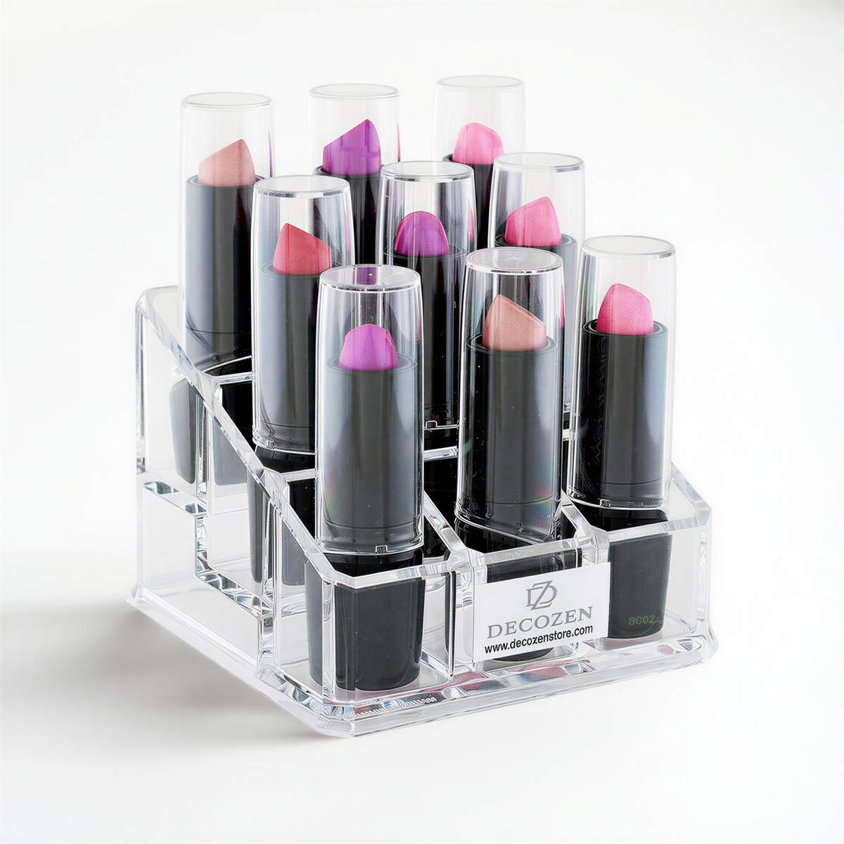 Clear F1110 makeup organizer with 9 slots, perfect for storing and organizing cosmetics and beauty essentials.