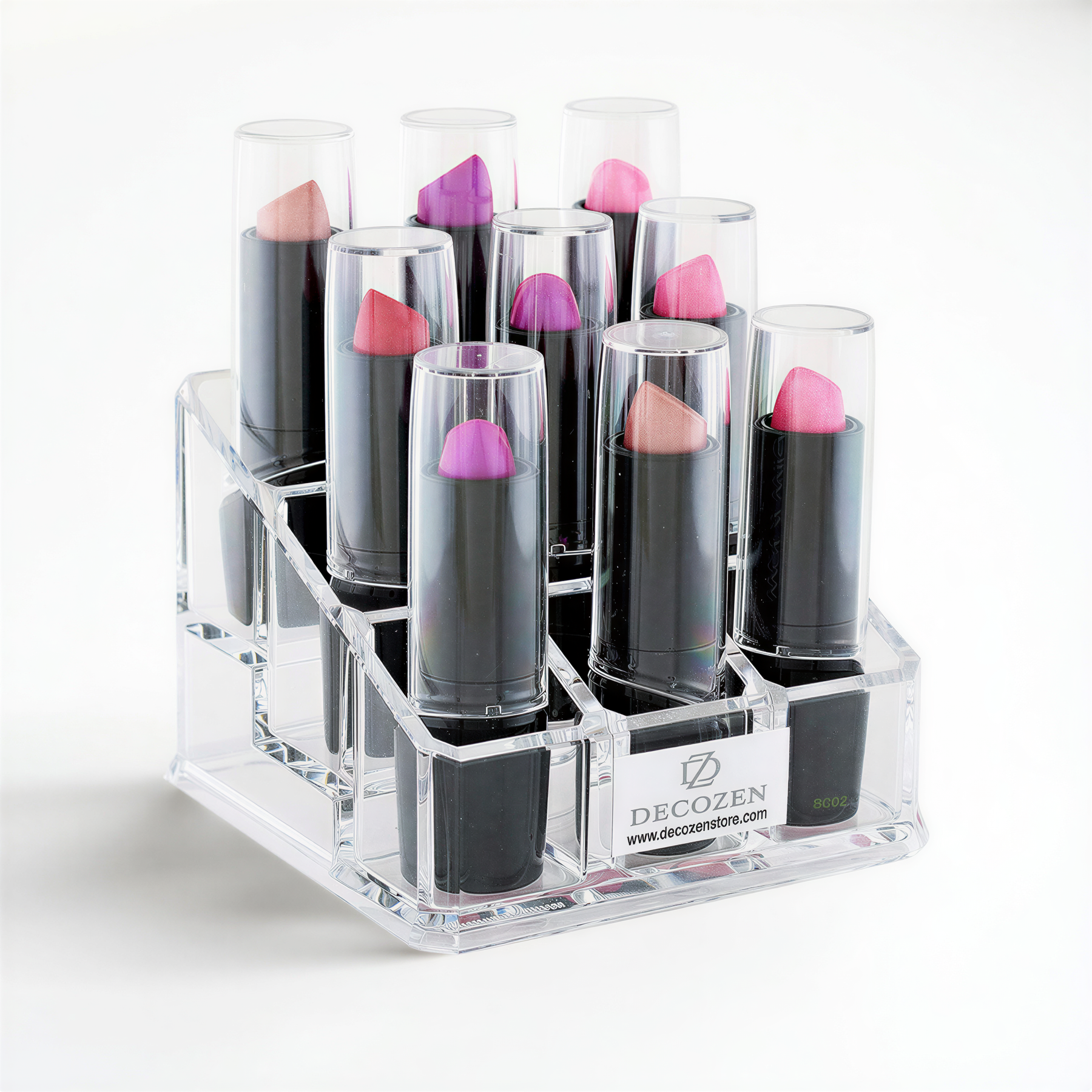 Clear F1110 makeup organizer with 9 slots, perfect for storing and organizing cosmetics and beauty essentials.