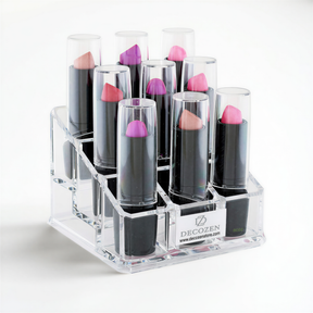 Clear F1110 makeup organizer with 9 slots, perfect for storing and organizing cosmetics and beauty essentials.