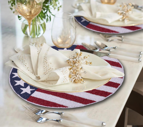 Set of 2 USA patriotic embroidered round beaded placemats with flag design, ideal for festive table settings.