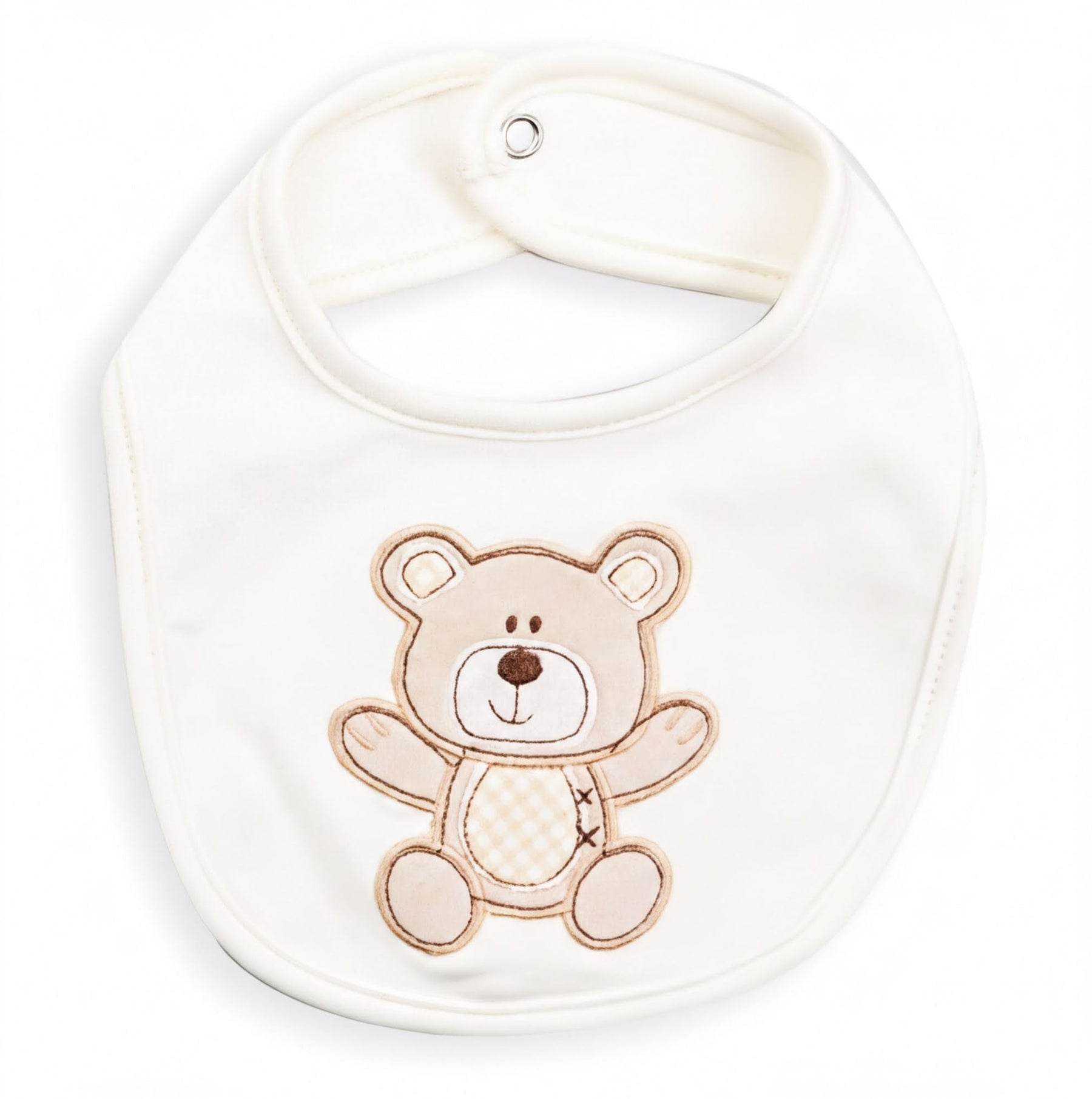 A white bib with a brown teddy bear embroidered on it.