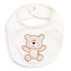 A white bib with a brown teddy bear embroidered on it.