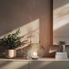 White and gold candle holder lantern from CA9942-MB, decorative metal lantern perfect for ambient lighting and home decor.