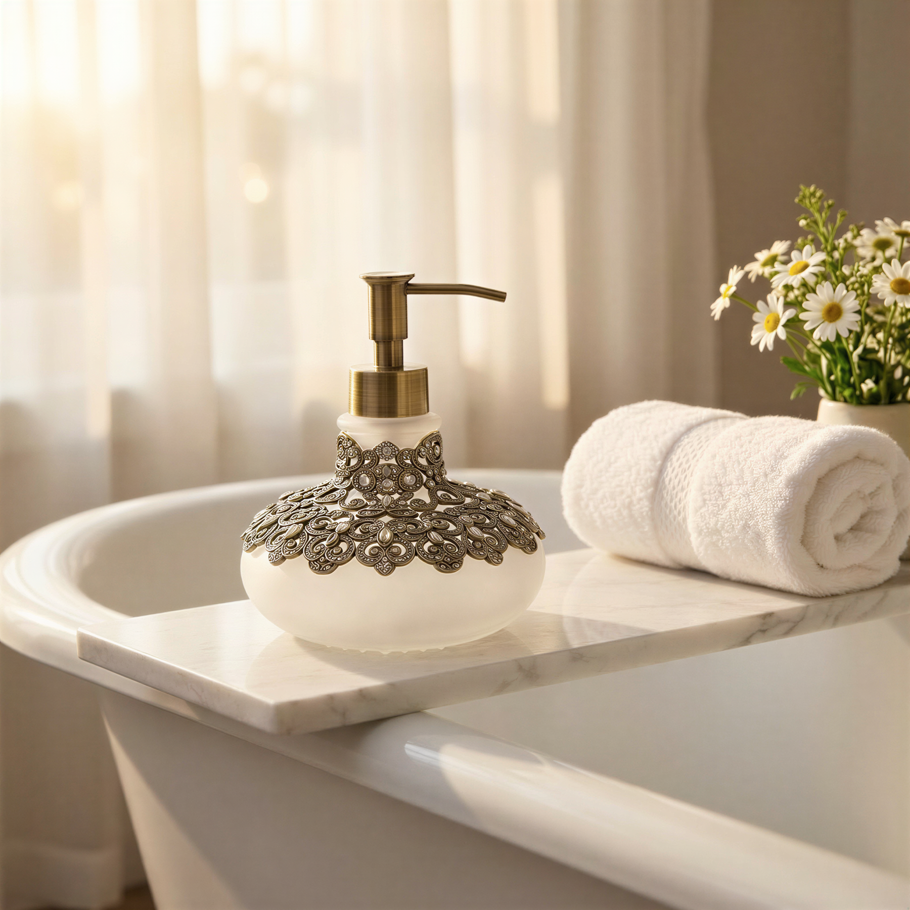 A white marble bathtub with a decorative soap dispenser, a rolled white towel, and a vase of white flowers on the edge.