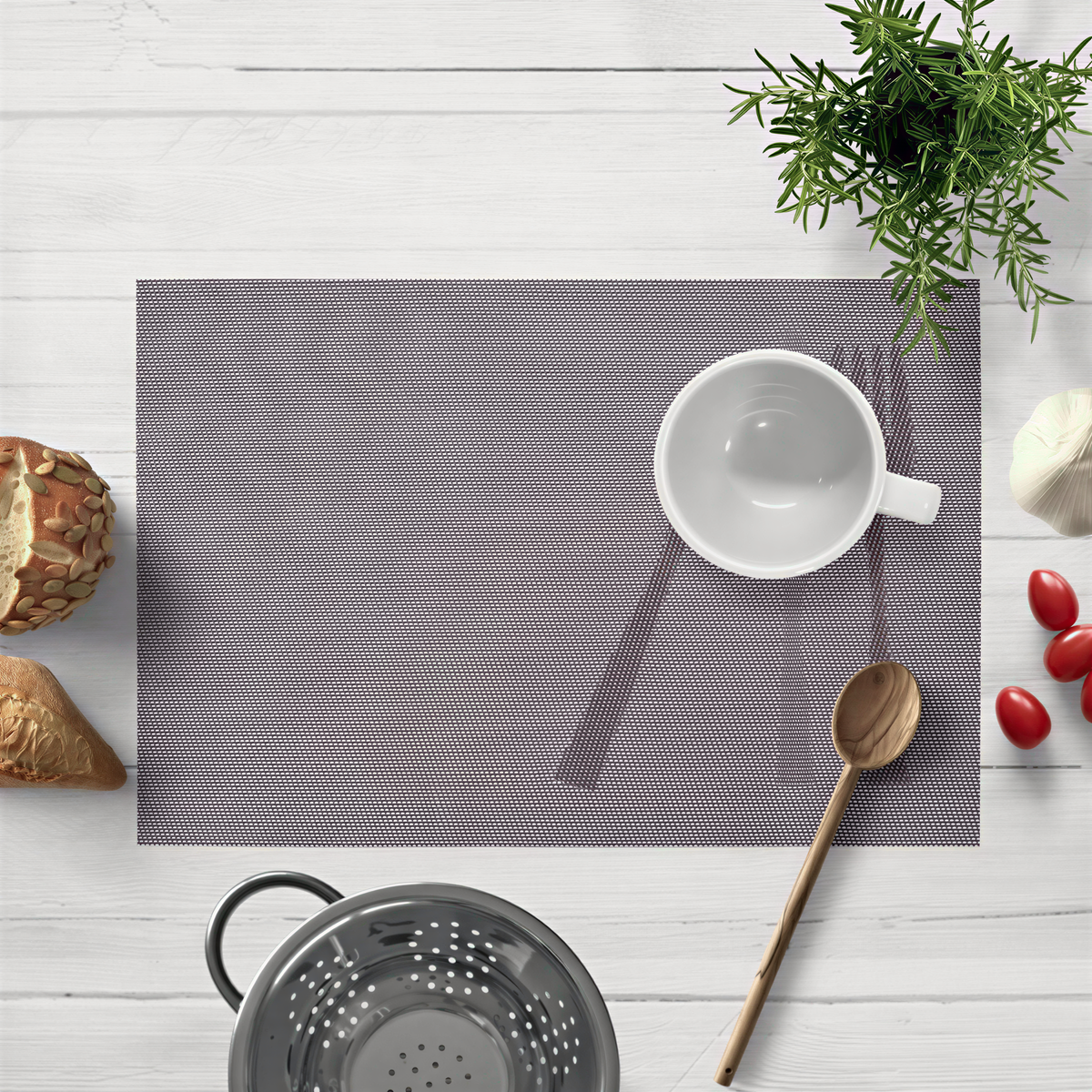 Set of four Devonshire Light Brown PVC placemats, washable table protectors for kitchen decor.