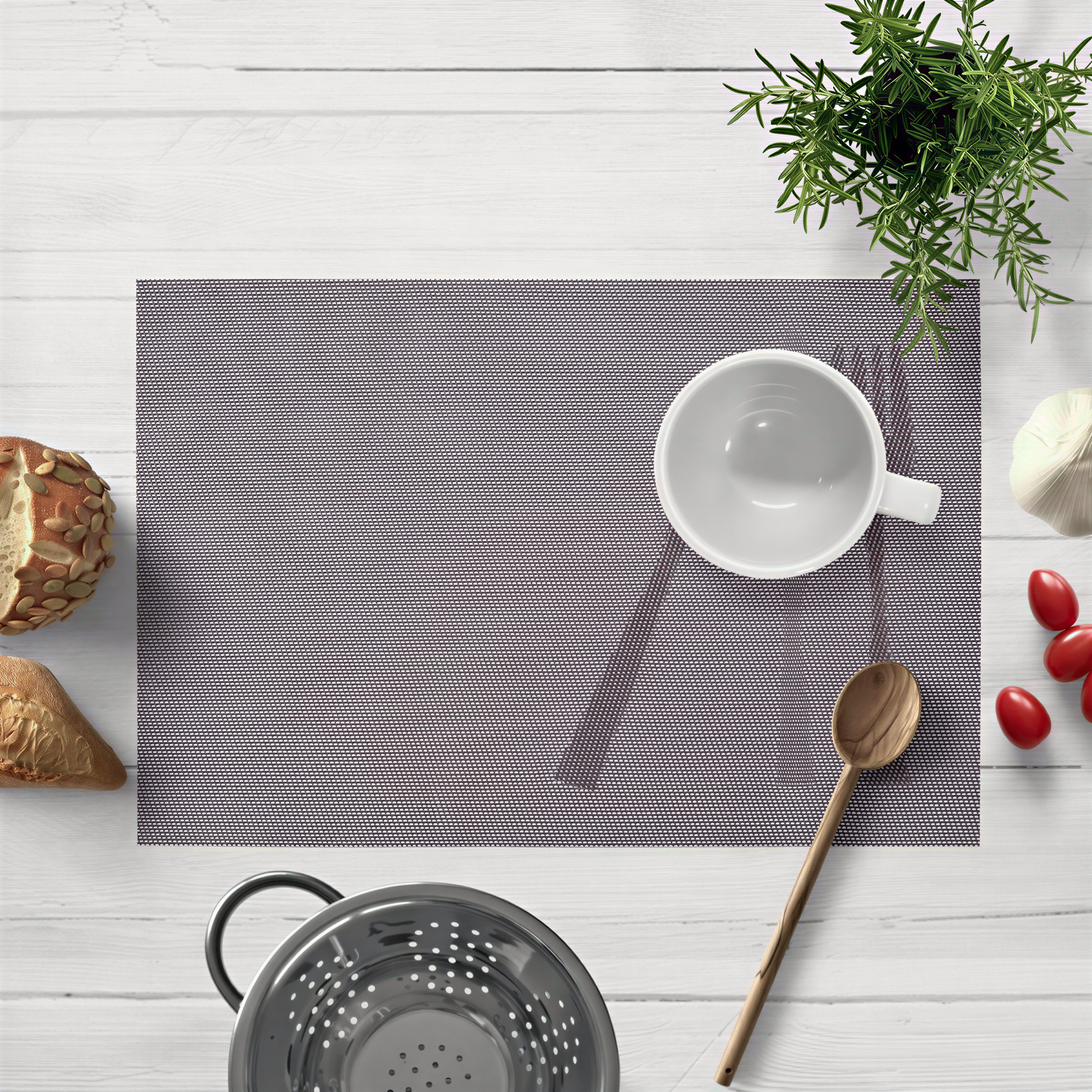 Set of four Devonshire Light Brown PVC placemats, washable table protectors for kitchen decor.