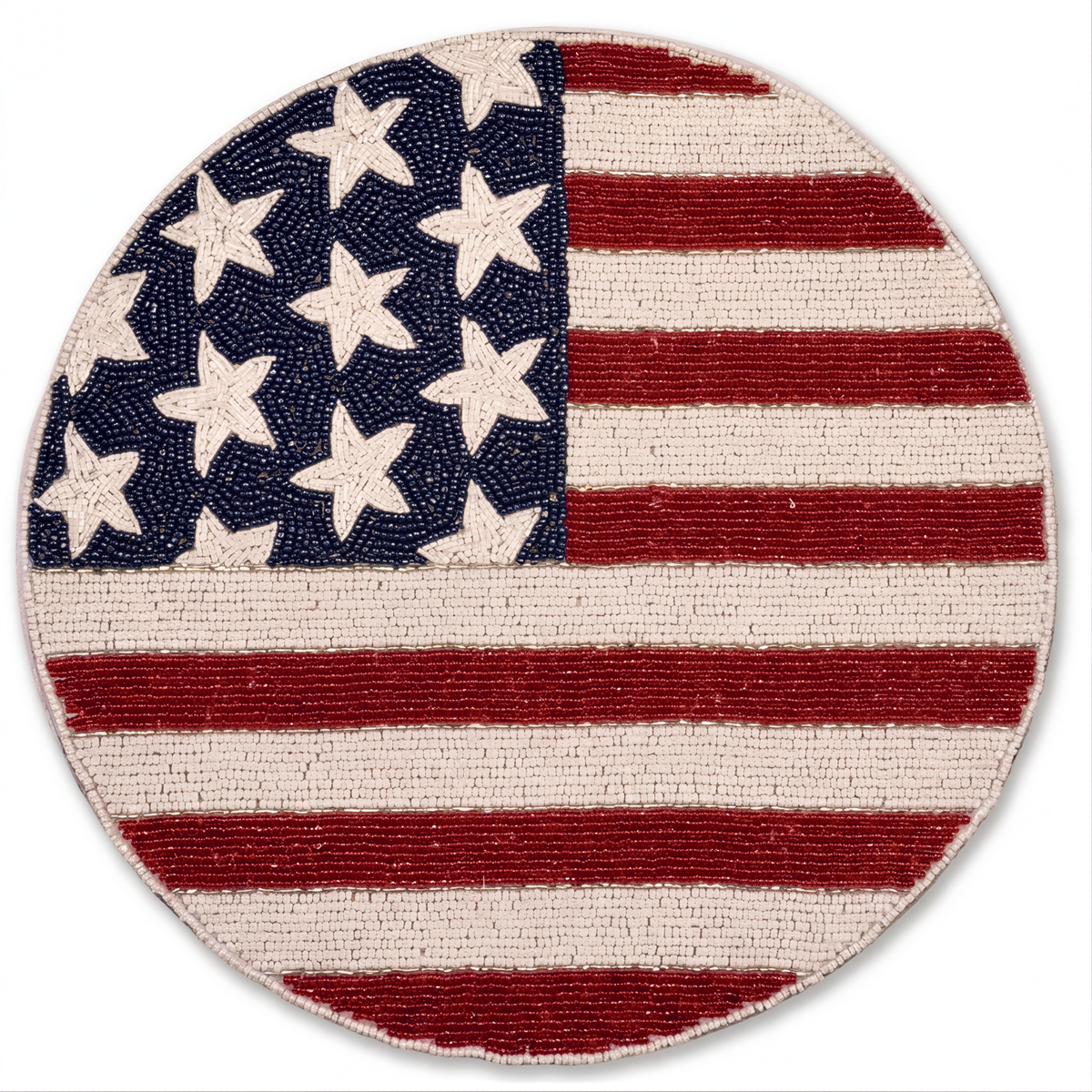 a circular design with a pattern that resembles the American flag. The design consists of red and white stripes, and there are white stars scattered throughout the pattern.