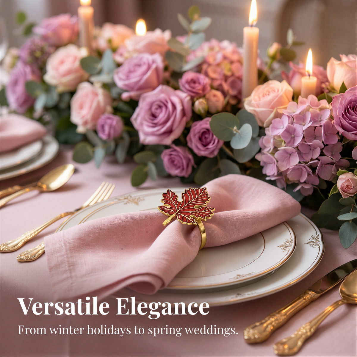 The image showcases a beautifully arranged table setting with a pink napkin, goldware, and a centerpiece of pink and purple flowers. The table is set for a special occasion, possibly a wedding, with the text "Versatile Elegance" and "From winter holidays to spring weddings" displayed.