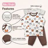 The image is a collage of various baby clothing items, including a gray and white striped shirt, a white shirt with a pattern of cartoon animals, and a pair of brown pants. The image highlights the features of the clothing, such as the tagless neck label, snap button design, soft ribbed trims, and 100% cotton fabric.
